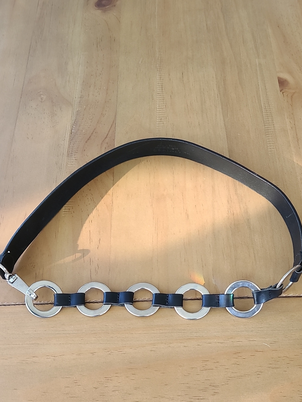 The Limited Black Leather Belt With Silver Tone Ring Chain. Medium